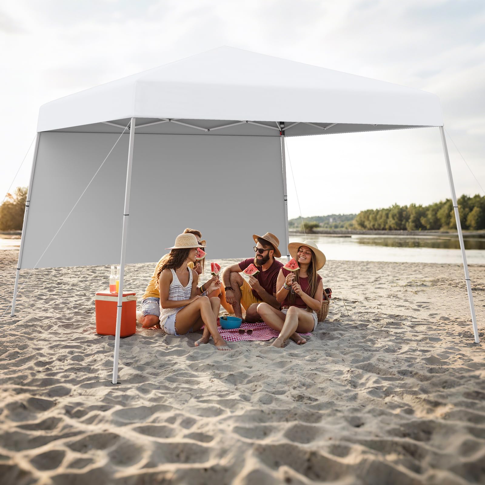 HOMASIS Gazebo Esterno Resistente con Parete Laterale, Gazebo Pieghevole e Portatile con Supporti Inclinati e Borsa per il Trasporto, Tenda Pop up per Campeggio, Spiaggia (Bianco, 300 x 300 x 262 cm)