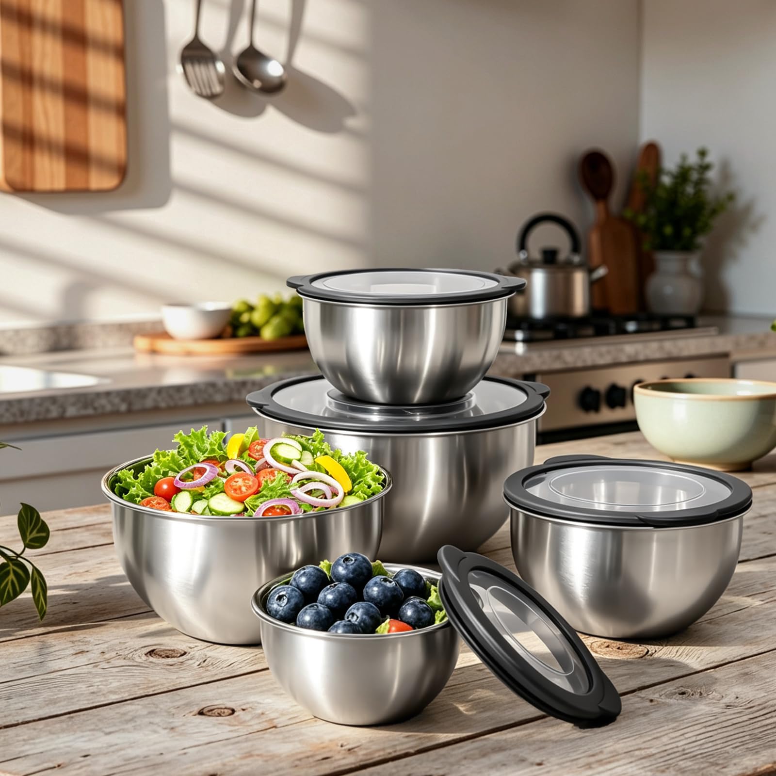 Salatschüssel mit Transparentem Deckel 5er Set - Edelstahl Rührschüssel aus stapelbar, 0,7l + 1,7l + 2,2l + 3,4l + 5,6l, Schüsselset zum Mischen & Servieren | Spülmaschinenfest | inkl.Reibe