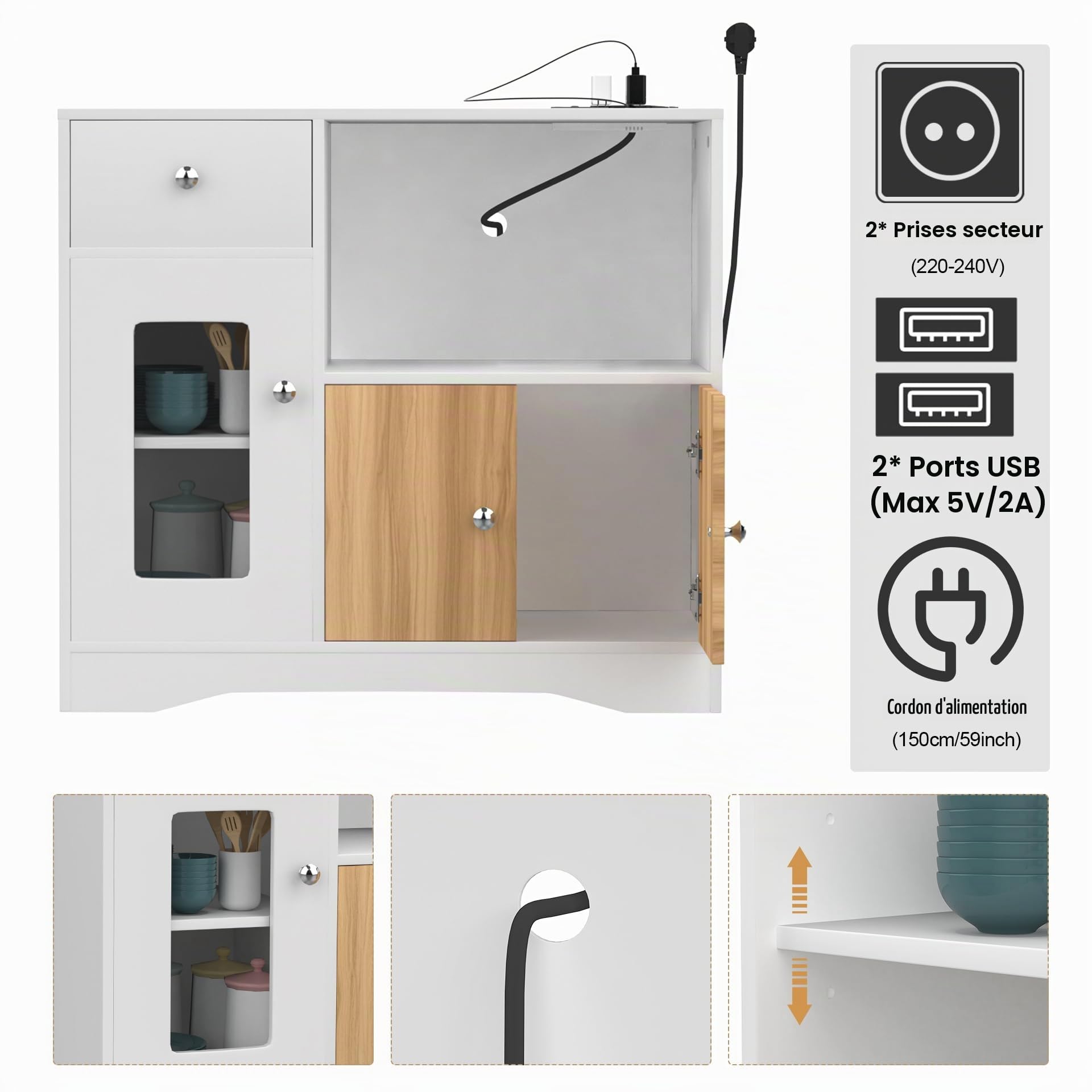 Buffet Cuisine avec Port et Prise USB, Buffet avec 1 Tiroir, étagère de Porte à 3 Niveaux et Grand Espace de Rangement, Étagère pour Micro-Onde, Meuble de Rangement