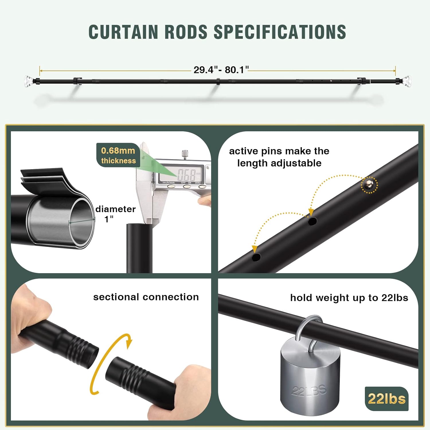 Curtain Rod For Window 30-81 inch, Black Curtain Rods With Crystal Diamond Finials, 1 Inch Diameter Decorative Curtain Rod Set, 1 Pack