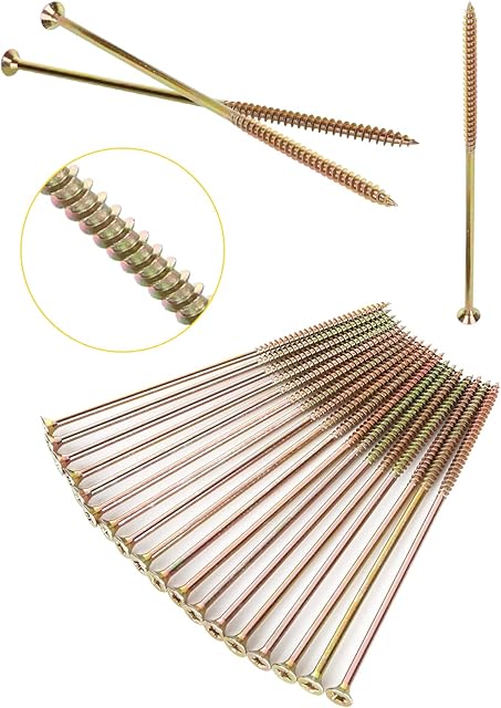 SENENQU 100PCS M6 x 180mm Long Wood Screws, Flat Modified Truss Head Wood Screws, Galvanized Steel Self Tapping Screws, Multipurpose Pozi Screws - Countersunk Head | Zinc Yellow