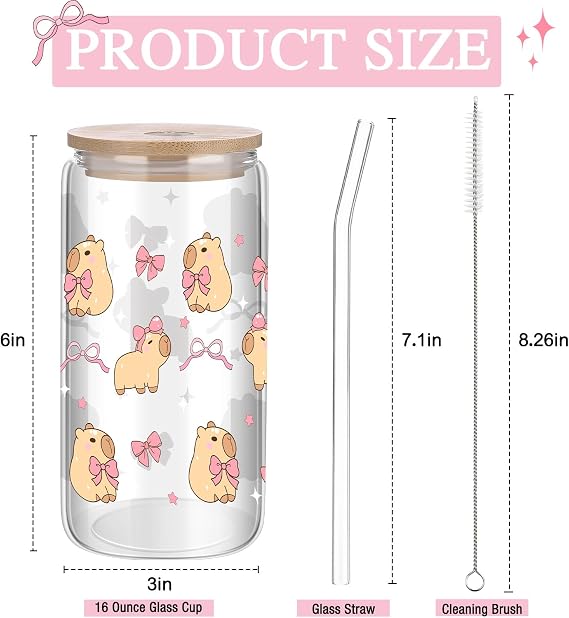 Capybara Glass Cup with Lid and Straw 16oz Coquette Bow Cup Iced Coffee Mug Cute Capybara Gifts for Women Girls Friend Sister Girlfriend