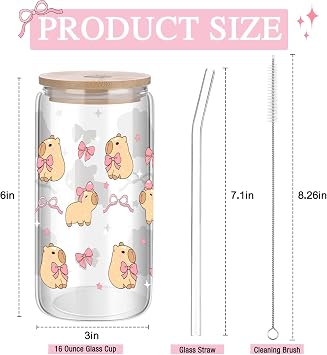 Capybara Glass Cup with Lid and Straw 16oz Coquette Bow Cup Iced Coffee Mug Cute Capybara Gifts for Women Girls Friend Sister Girlfriend