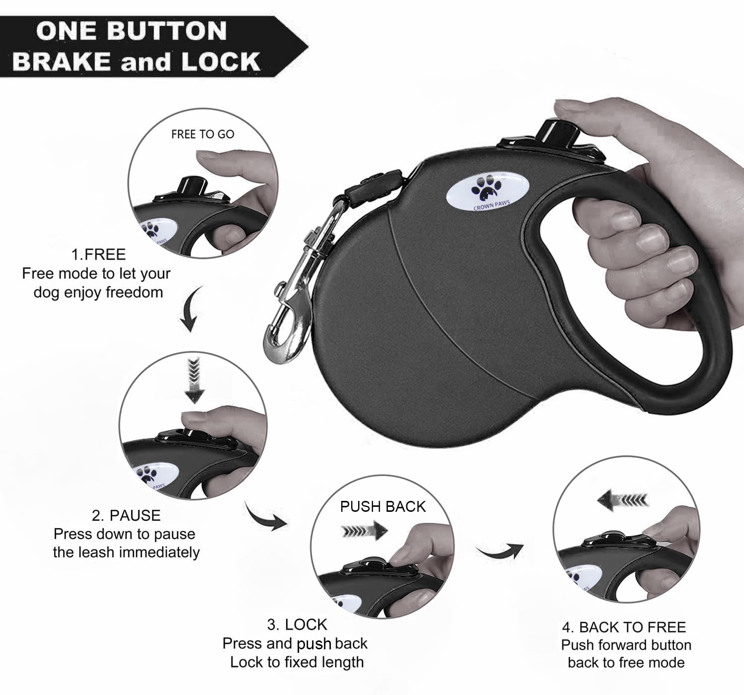 CROWN PAWS 16ft Retractable Dog Leash for Large Breed Dogs up to 110 lbs with a Detachable Chew Proof Extender Wire Ropes (Black L) - Image 4