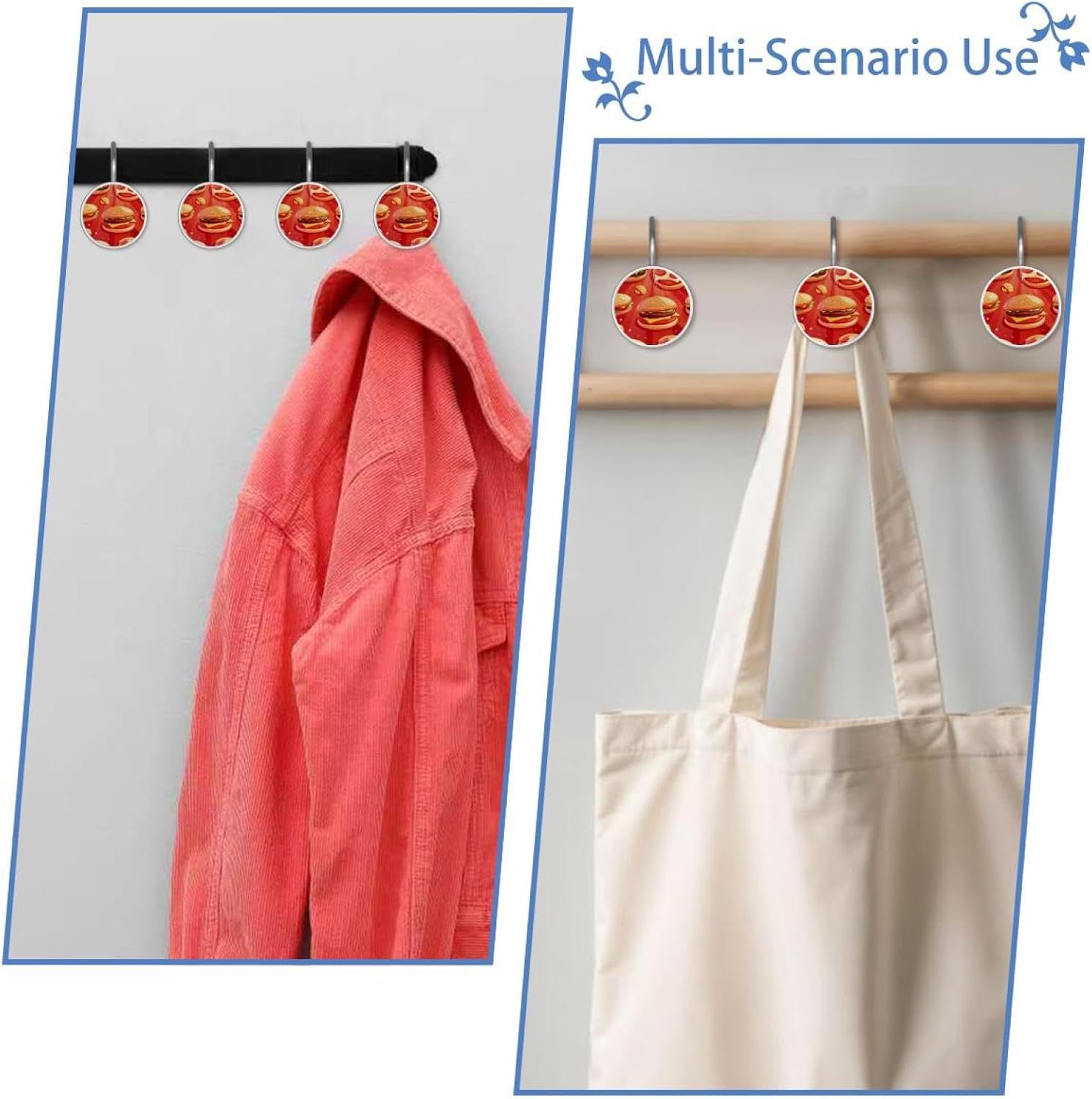 12 Pack Fast Food (14) Shower Curtain Hooks Rings, Durable Shower Hooks for Liner, Shower Rings for Curtain and Bathroom Shower Rod