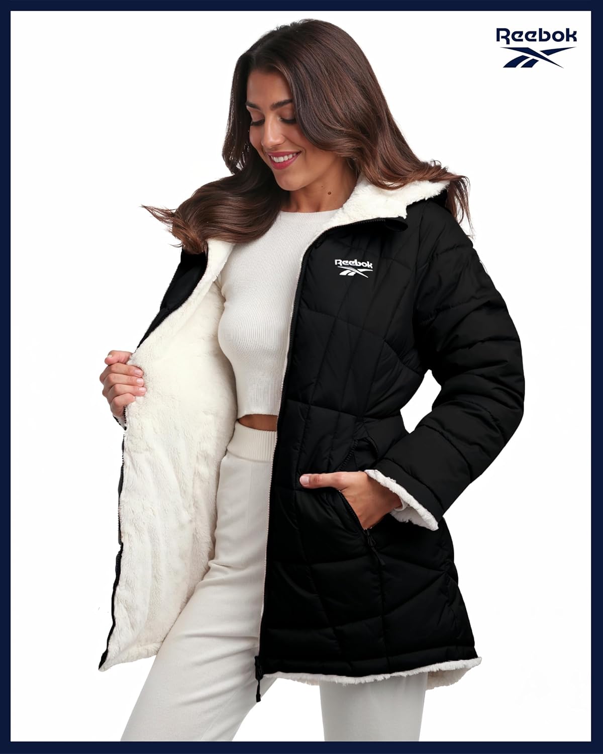 Reebok Womens Winter Jacket - Sherpa Fleece Lined Reversible Insulated Puffer Parka Winter Coats for Women with Faux Fur Hood - Image 2