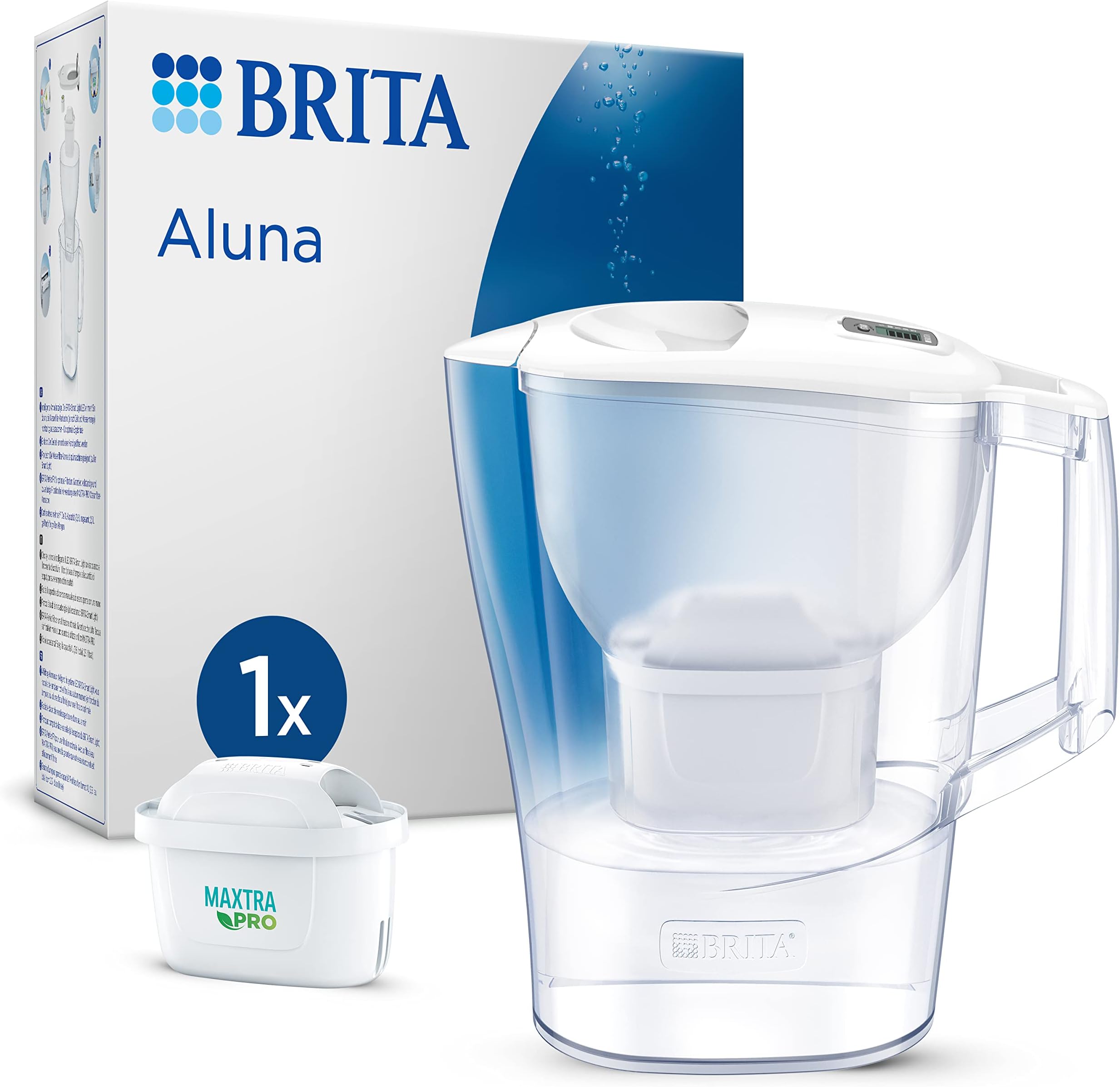BRITA Aluna Water Filter Jug White (2.4L) incl. 1x MAXTRA PRO Pure Performance cartridge - fridge-fitting jug with digital LTI - now in sustainable Smart Box packaging
