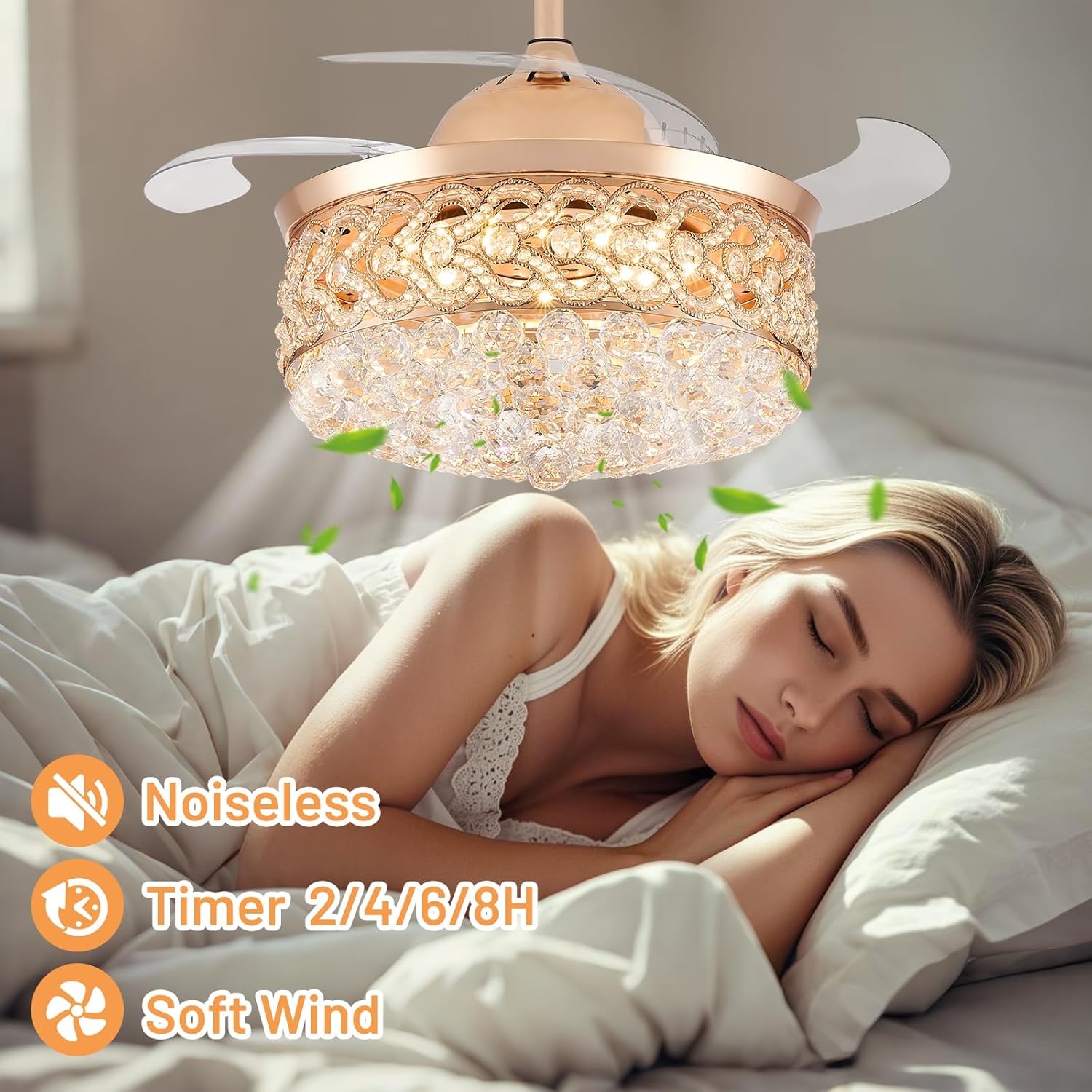 Crystal Fandelier Ceiling Fan with Light and Remote Dimmable 500-6500K Retractable Blades Chandelier Ceiling Fan with Memory Function Modern Ceiling Fans with Lights for Bedroom 42 Inch Gold