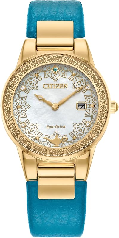 Eco-Drive Disney Aladdin 30th Anniversary para damas, reloj con correa de cuero azul azulado princesa jazmín y juego de regalo de alfileres, esfera de nácar, cristales, 30 mm (modelo: GA1072-07D)