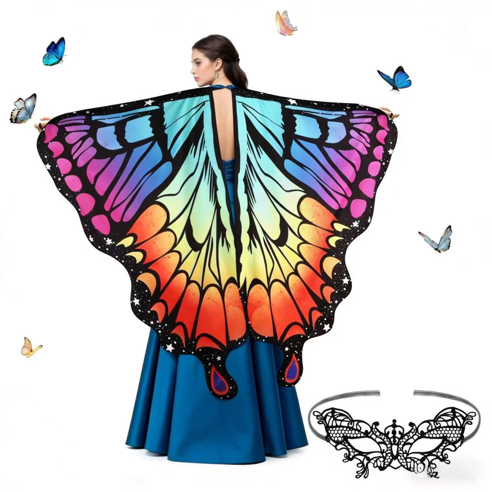 Plliocse Womens Butterfly Wings, Sparkling Sheer Wings Adults With Mask, Adult Fairy Wings Perfect for Easter Christmas Halloween Cosplay (Rainbow Butterfly)