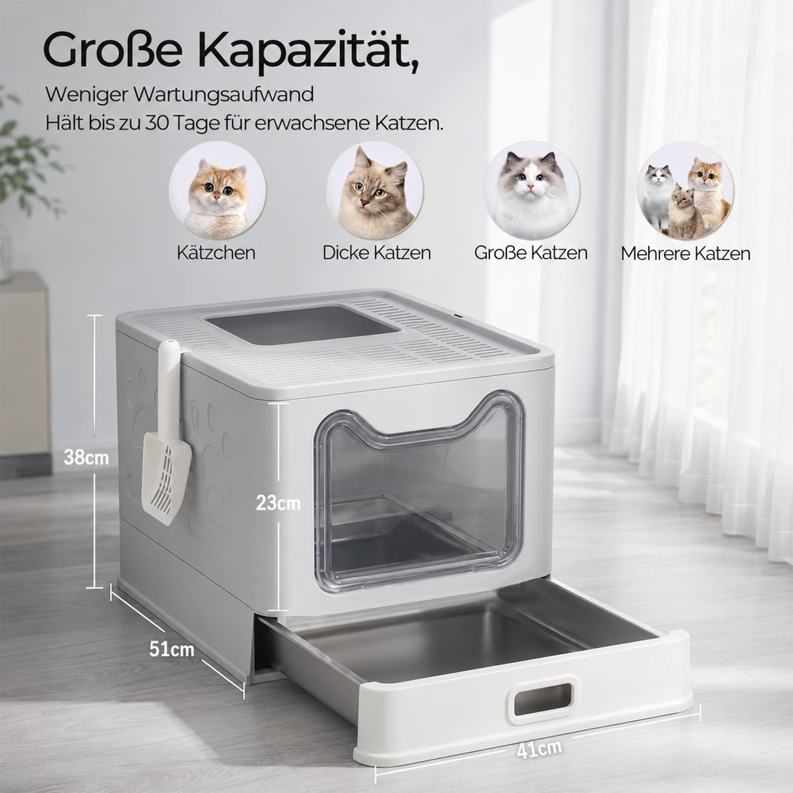 Lettiera per gatti con coperchio, vassoio estraibile in acciaio inox e paletta, Hopin in lettiera XL, chiusa, spaziosa, grande