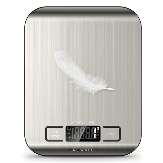 The CROWNFUL Food Scale is a versatile digital kitchen scale designed for both cooking and baking, capable of handling weights up to 11 pounds (approximately 5 kilograms). This scale provides measurements in multiple units, including ounces, grams, pounds, kilograms, milliliters, and fluid ounces, making it suitable for a wide range of recipes and ingredients. Its sleek black design not only complements modern kitchen aesthetics but also ensures easy integration into any culinary workspace.