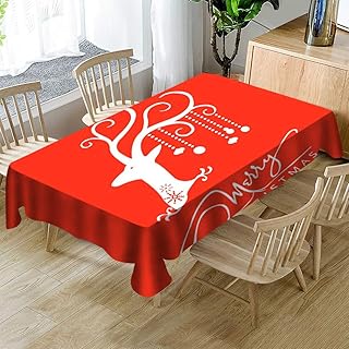 HACLJPP Tovaglia Plastificata Rettangolare, 3D Tovaglie per Tavola, Alce Fantasia Bianco Fondo Rosso, Antimacchia Antiscivolo Resistente all'Usura, Decorazione della Tavola, 140X200Cm