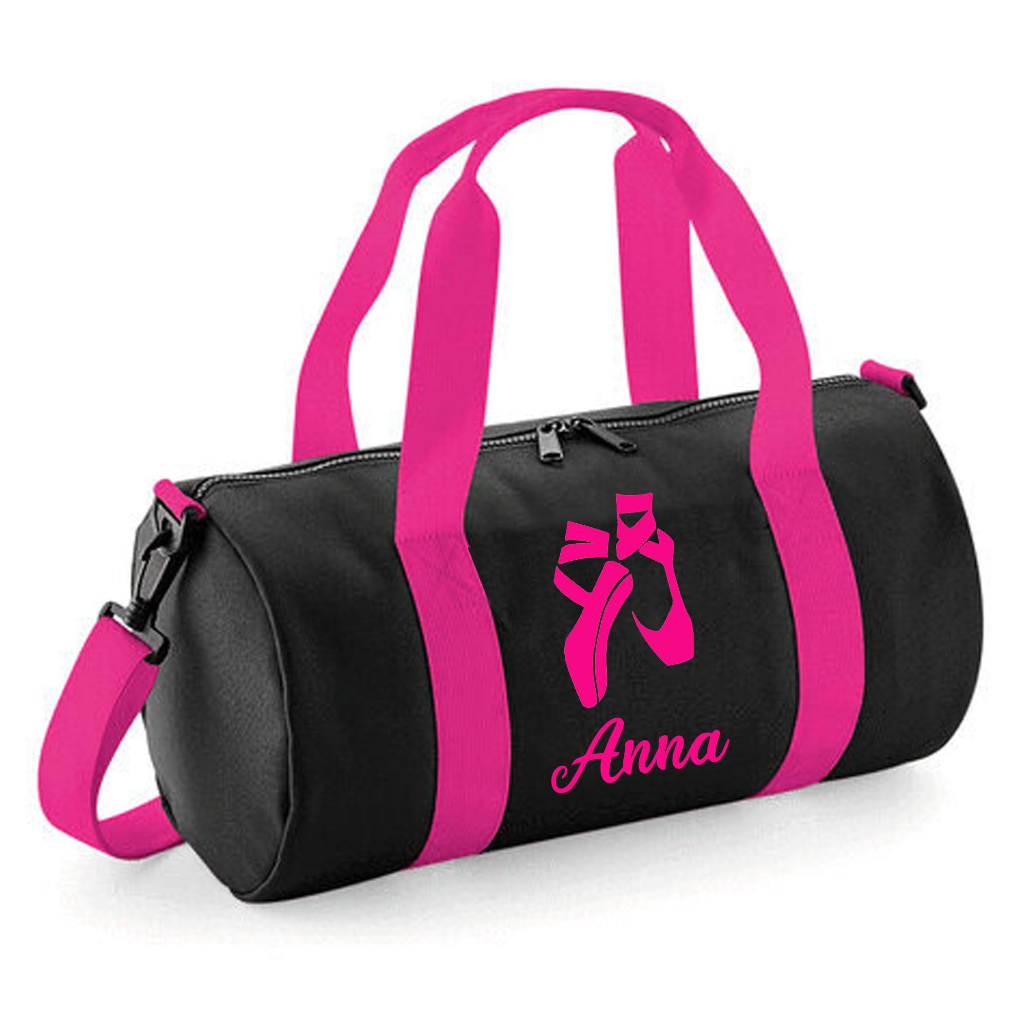 Personalised Dancing Bag - Girls Dance Bags for Girls Kids Gym Bag Perfect Dancing Gifts & Sports Equipment Storage 20x20x40cm 12L Ballet Shoes Design Barrel Bag for Dancing Black/Hot Pink
