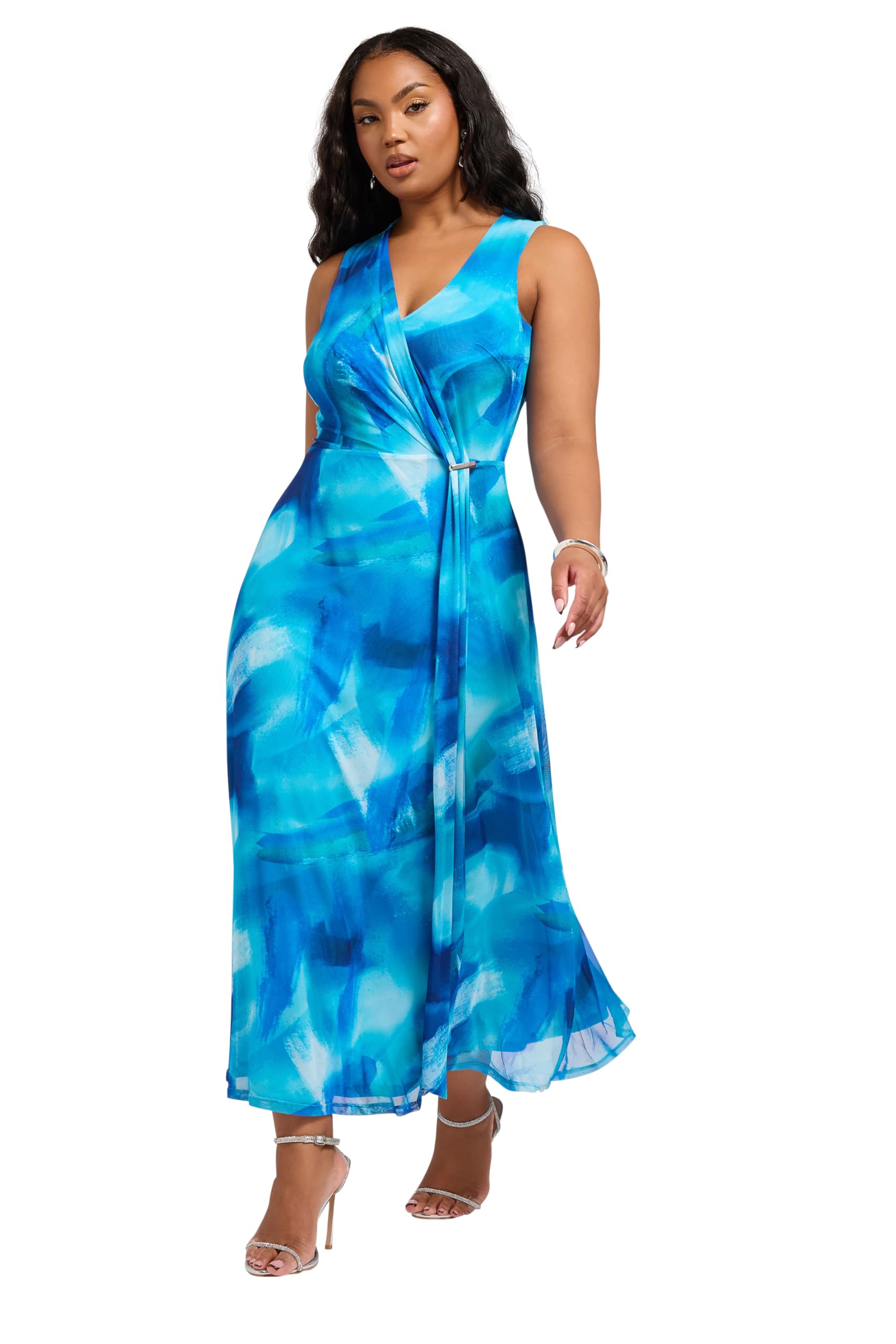 Yours London Curve Floral Mesh Draped Maxi Dress - Women's - Plus Size Curve Blue