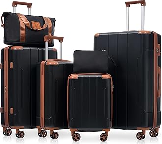 Luggage Set 6 Piece Expandable Lightweight ABS Hardshell Suitcases with Wheels, Corner Guards (Black Brown, 6 piece set)