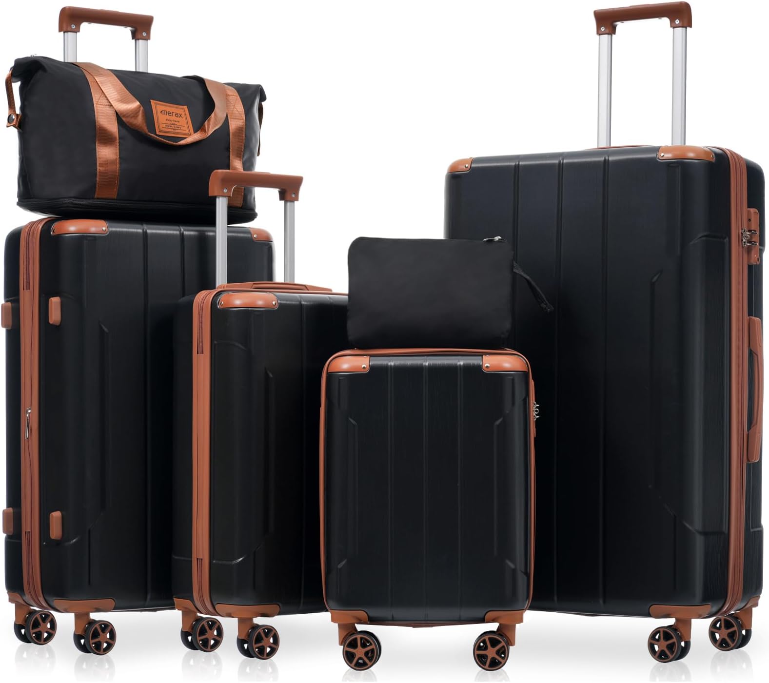 Luggage Set 6 Piece Expandable Lightweight ABS Hardshell Suitcases with Wheels, Corner Guards (Black Brown, 6 piece set)