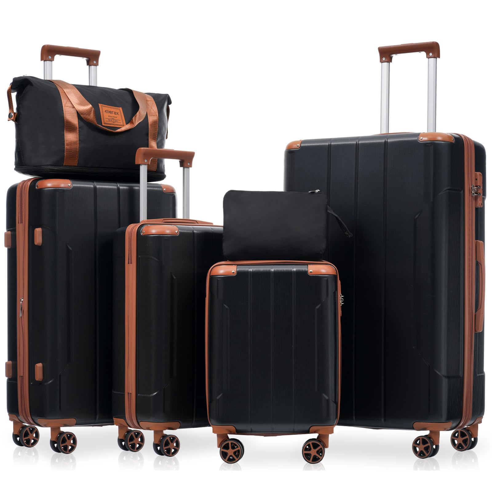 Luggage Set 6 Piece Expandable Lightweight ABS Hardshell Suitcases with Wheels, Corner Guards (Black Brown, 6 piece set)