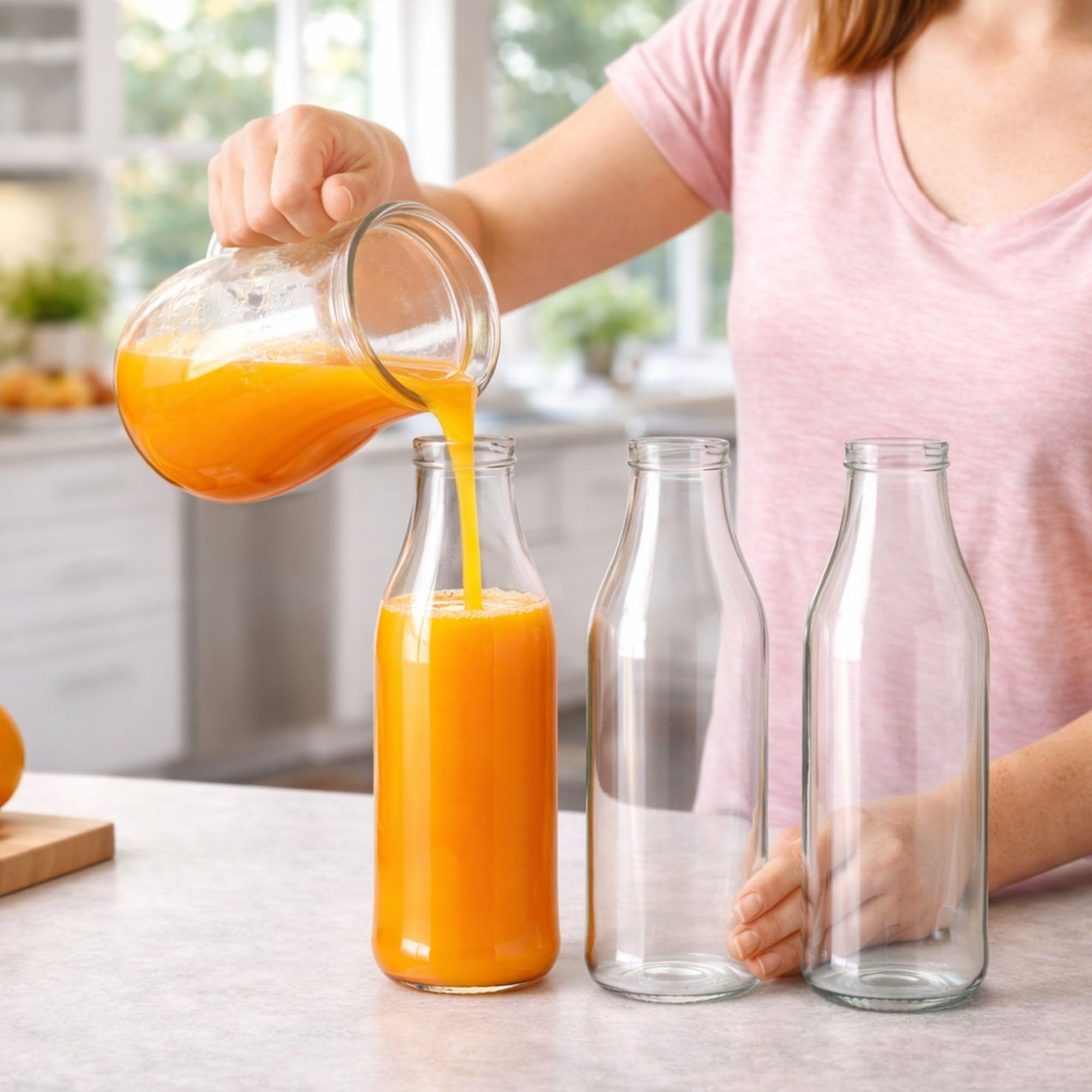 Pack 6 Botellas de Cristal de 1 Litro para Leche y Bebidas + EBook de 102 Recetas, con Tapa de Rosca Hermética - Ideal para Leche, Batidos, Horchata, Zumos, Licuados y Salsas - Set de 6