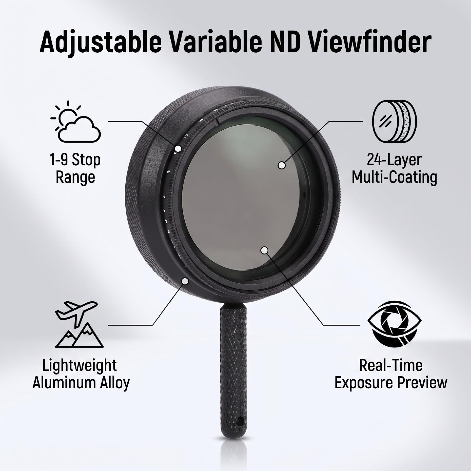 Filtro ND Variabile Regolabile, Filtro a Densità Neutra, | Obiettivo Regolabile 1-9, 24 Strati, Vetro Ottico HD Multistrato, Telaio in Alluminio, Lente staccabile.