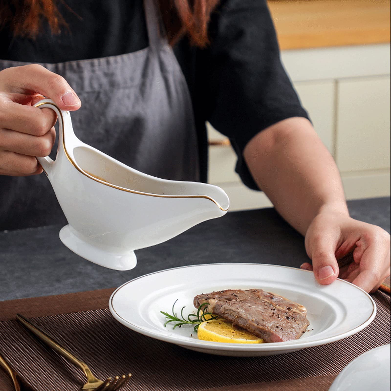 NZPOST Sauciere, weiße Sauciere mit goldenem Rand, schlankes Sauciere-Design mit breiter Öffnung, damit die Soße Nicht leicht ausläuft, einfach zu verwendende Sauciere (weiß, L)