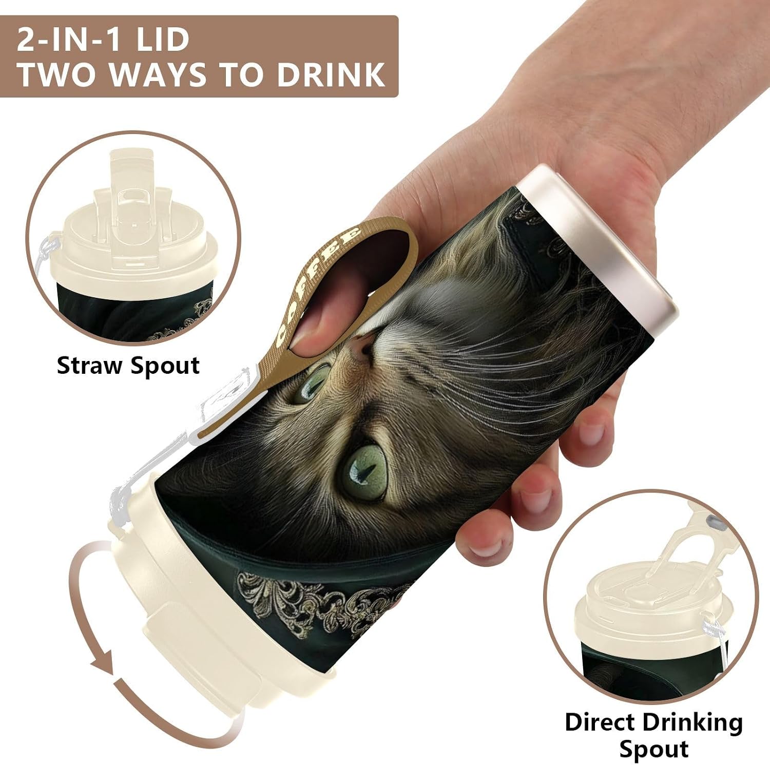 Insulated Coffee Mug Cat Witch Closeup with Straw & Flip Lid, 16.9oz Iced Tumbler Cup, Double Wall Vacuum Mug for Travel Office Camping