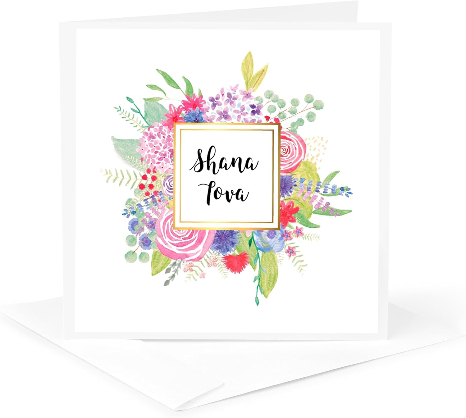 Greeting Card - Shana Tova Jewish New Year Rosh HaShanah with watercolor pink flowers - Judaica