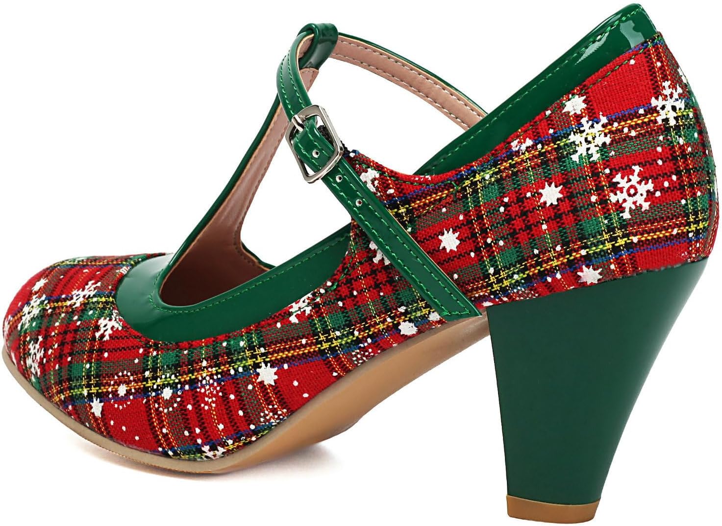 Betastella Christmas Shoes for Women T Strap Mary Janes Vintage Chunky Heel Round Toe Pumps