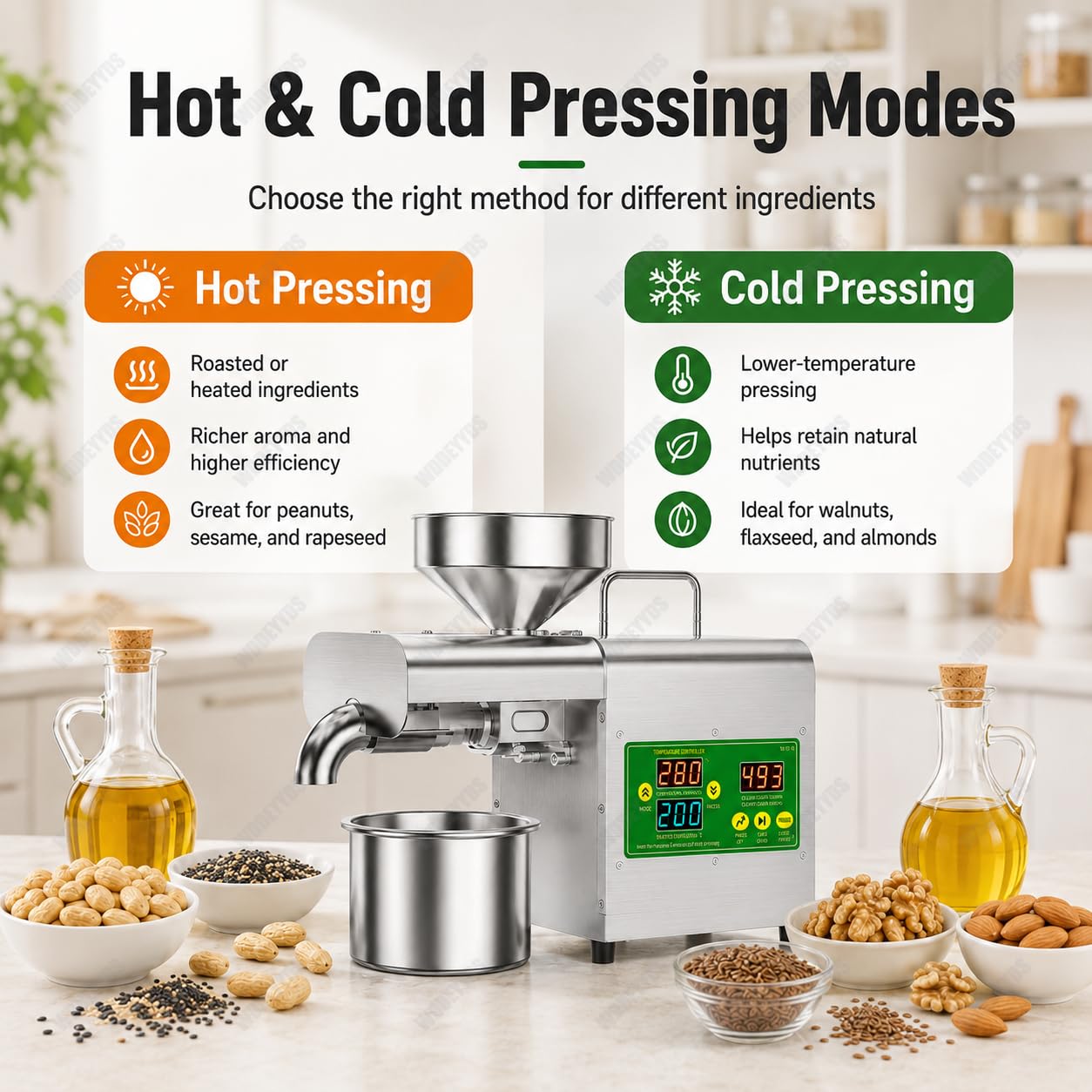 Presse à Huile électrique 1500W–Double Mode de Pressage à Froid et à Chaud–Construction en Acier Inoxydable de Qualité Alimentaire Pour Une Extraction D'huile Saine et Pure,110V/220V