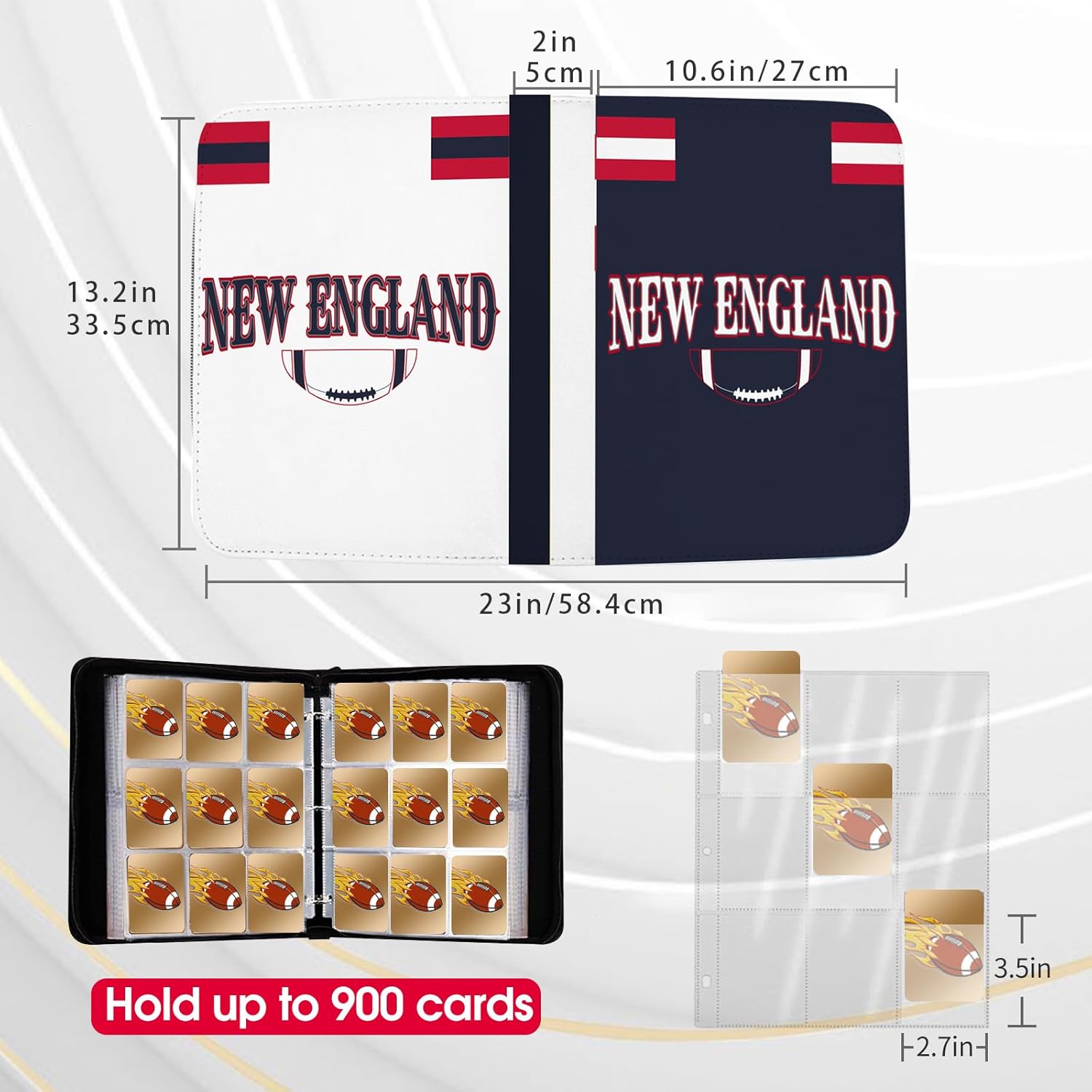 Football Card Binder with Sleeves 900 Pocket, New England Football Card Holder for Trading Cards Sports Card 3 Ring Binder Folder Collector Album Storage Book Case Kids Boys Girls Gift