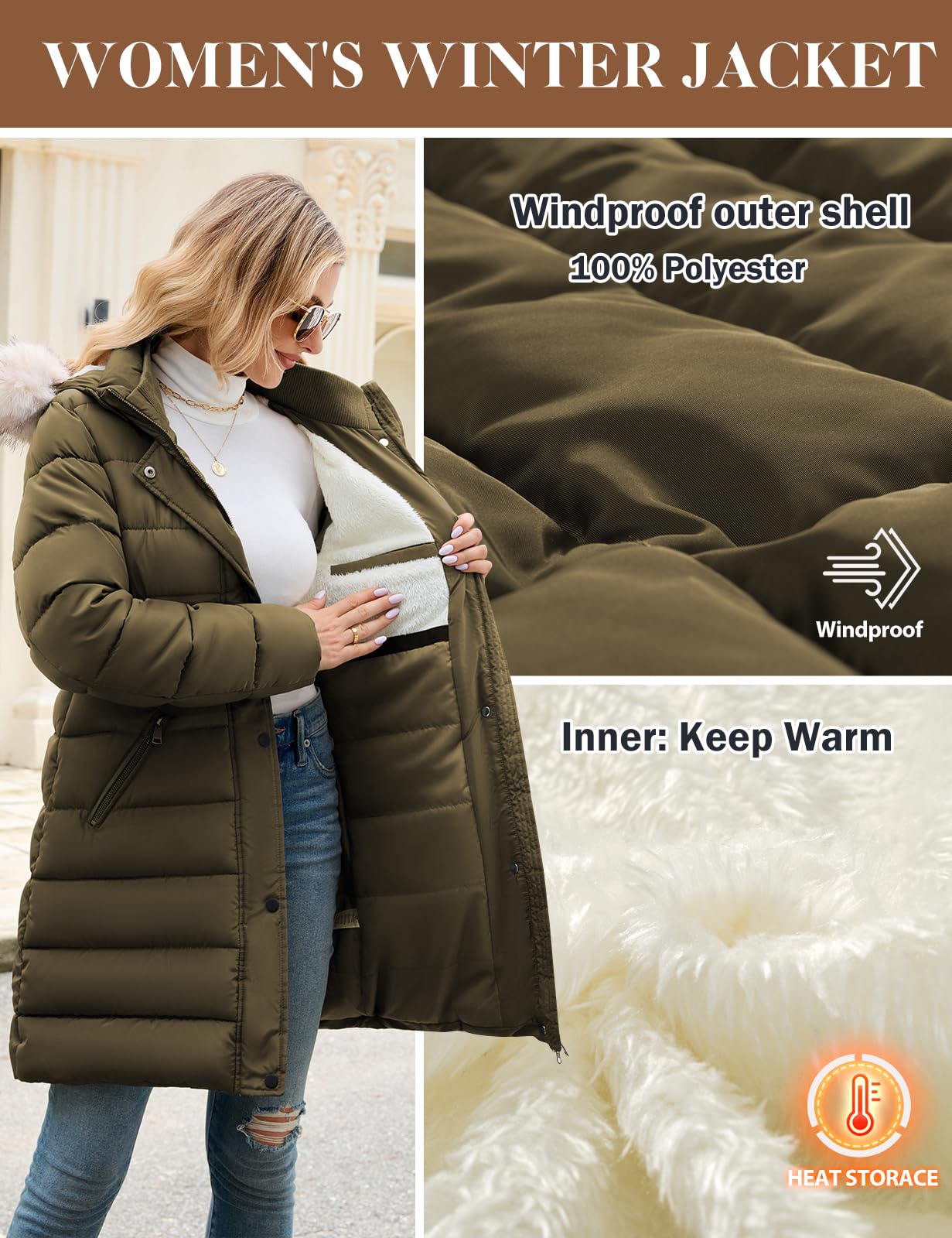 Yuson Girl Manteau Femme Hiver Veste Chaud Long Puffer Parka à Capuche Polaire Epaisse Chic Blouson Matelassé Coupe-vent Doudoune Extérieur longue Décontracté Manteaux avec Zippé