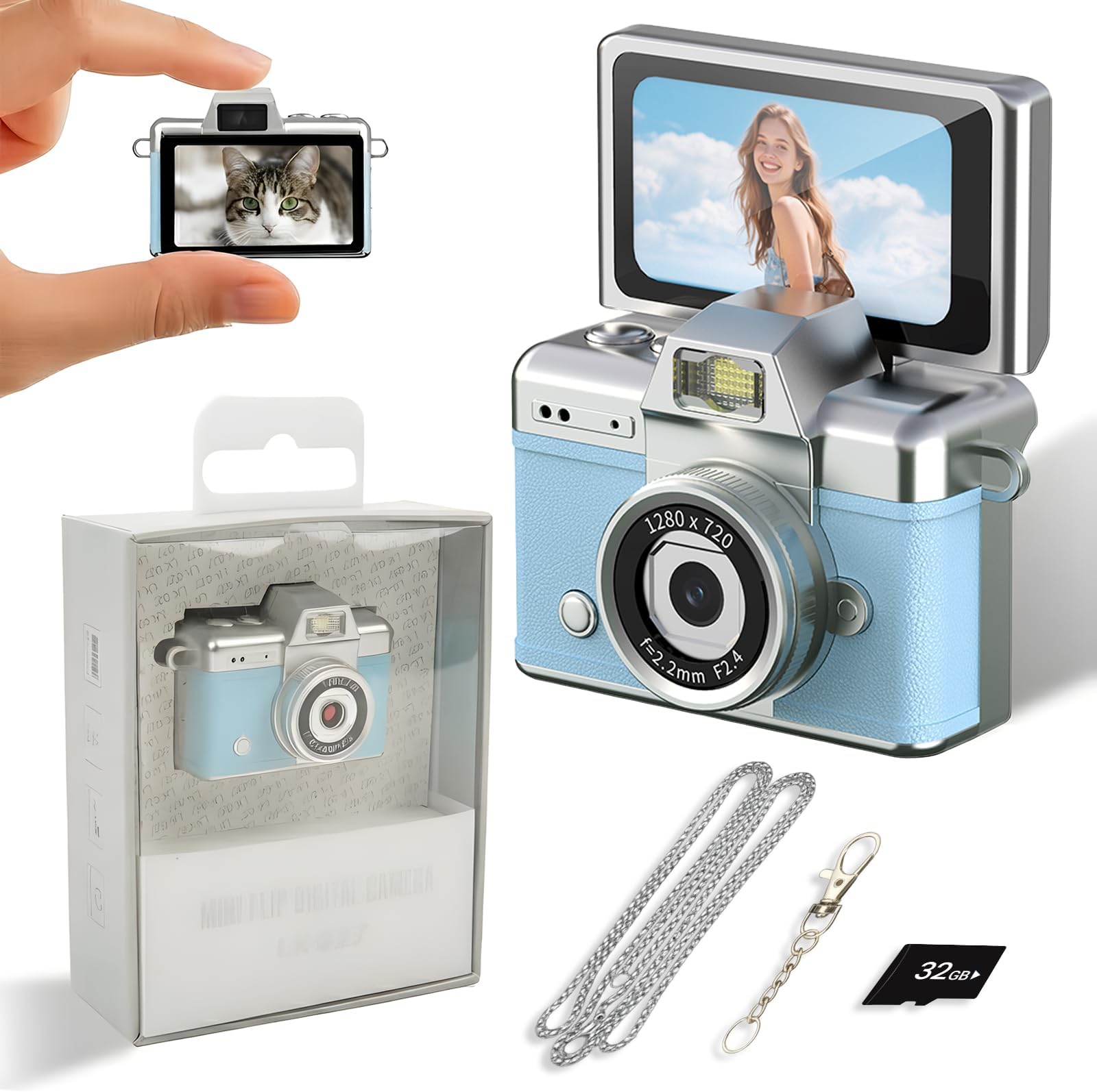 Mini Keychain Camera,2K Retro Digital Camera with 1.47‘’ Flip Screen & Built-in Flash for Selfies - Includes 32GB SD Card, Strap - Perfect for Travel, Concert, Vlogging