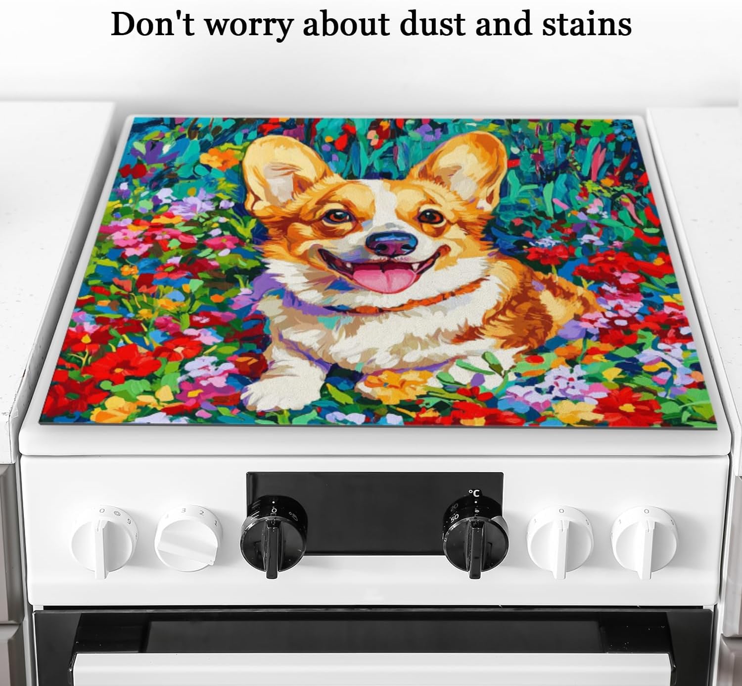 Silicone Stove Mat for Glass Top Stove, Smiling Corgi Lying In Flower Garden Electric Stove Cover Mat, 28 x 20 Inch Heat - Resistant Gas Gtove Burner Covers Glass Stove Top Protector