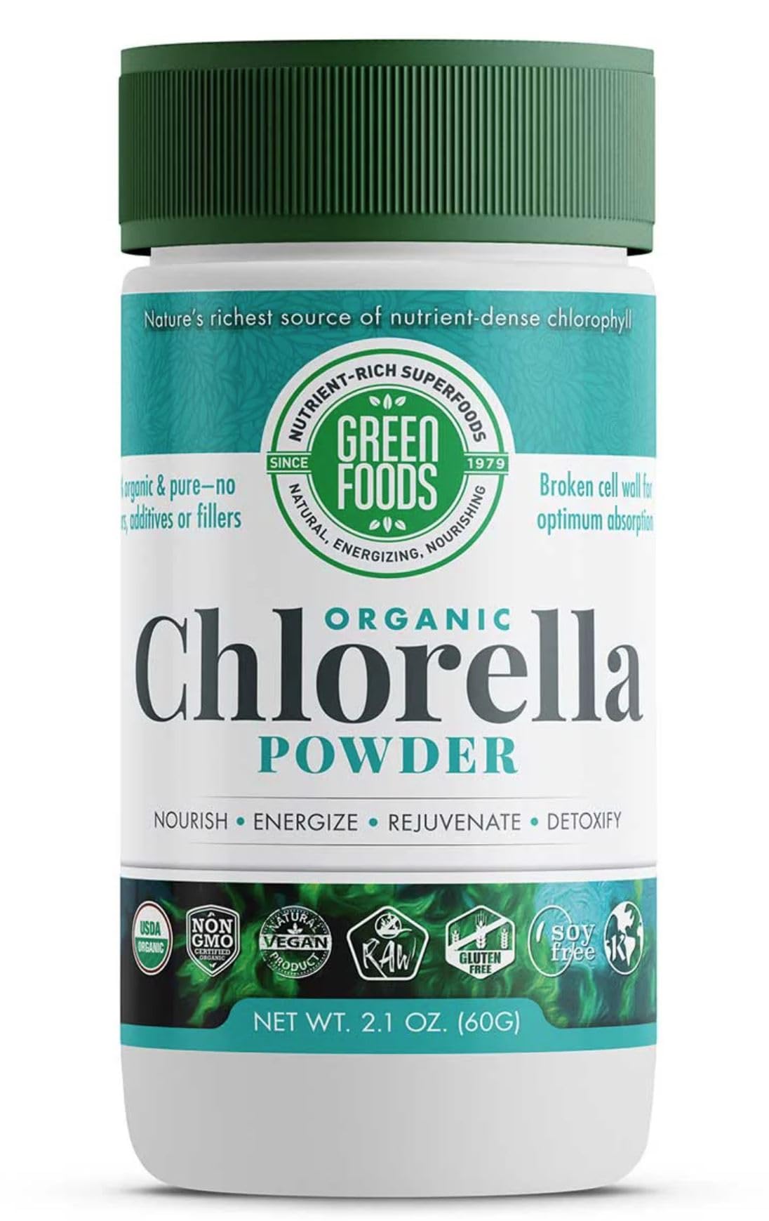 Green Foods Organic Chlorella Powder - Vegan - Non GMO - 2.1 oz (Pack of 2)
