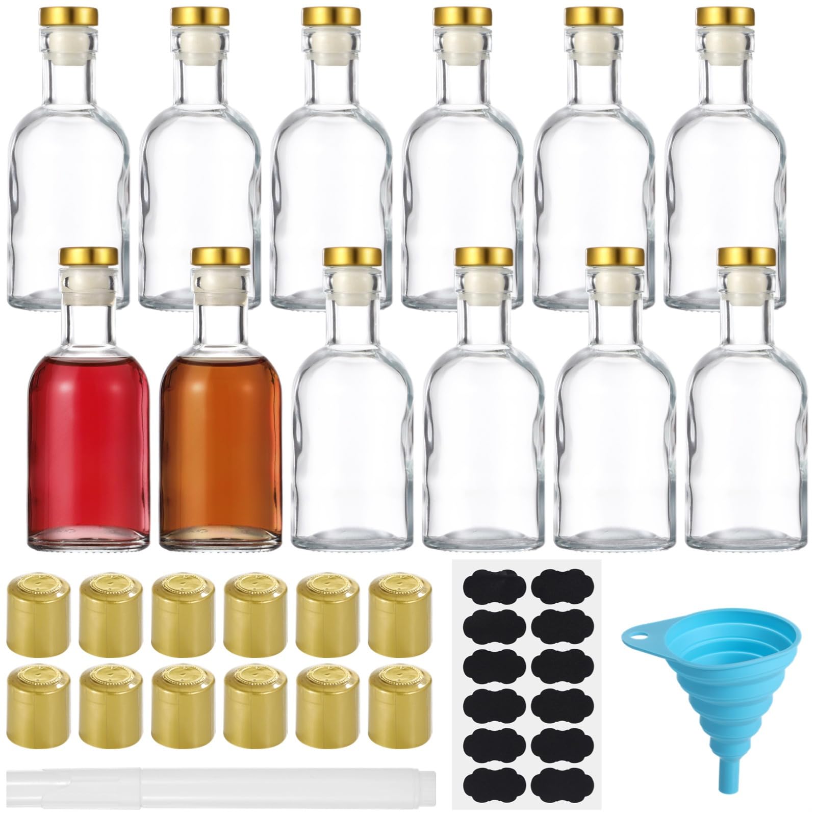 LUMINFLY 12 Clear Mini Glass Bottles with T-Top Stoppers & Shrink Caps, 3 Oz Beverage Storage Bottles for Wine, Liquor, Beer