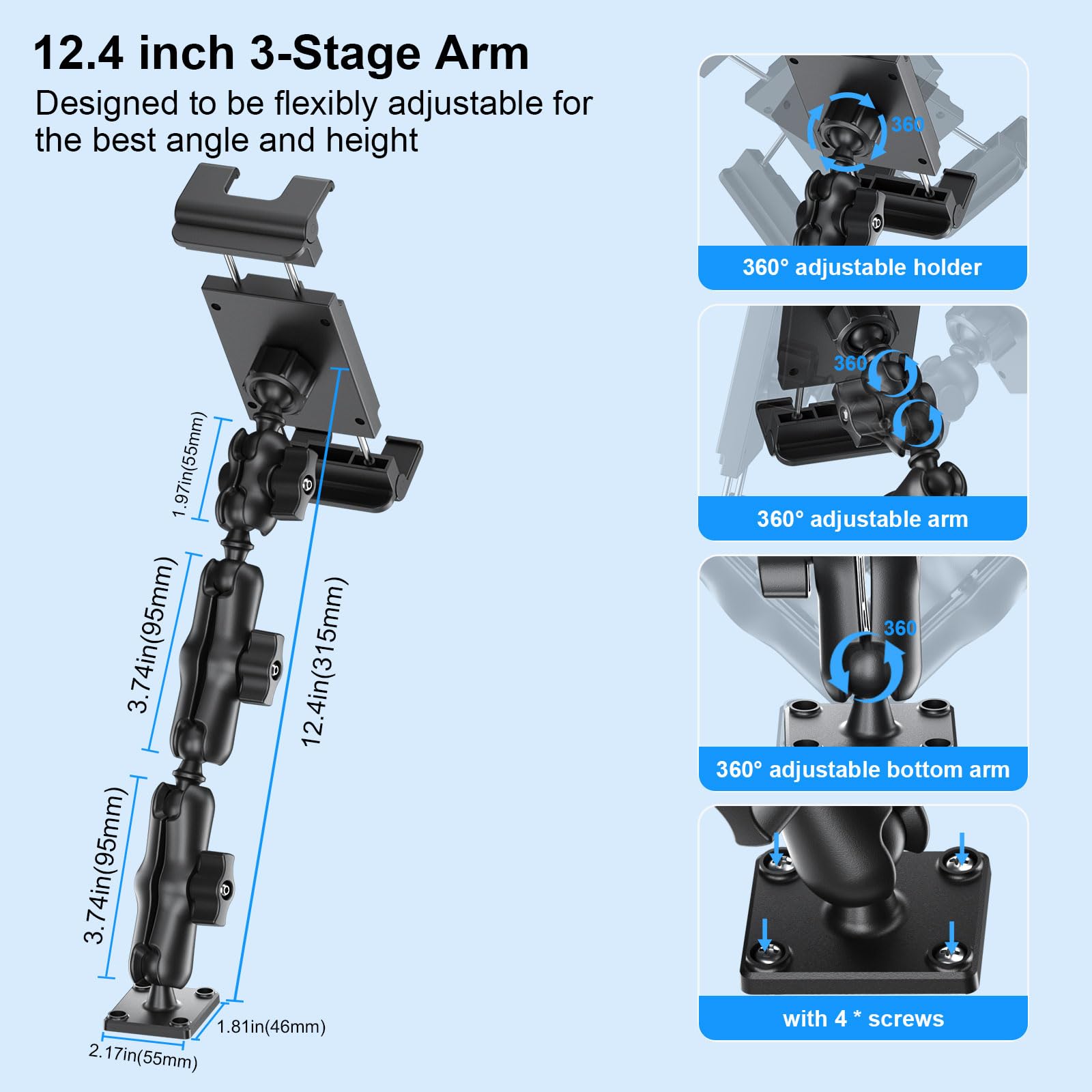 PLDHPRO Supporto da parete per tablet iPad regolabile e girevole 360° a 3 stadi 5,1"-15,6"