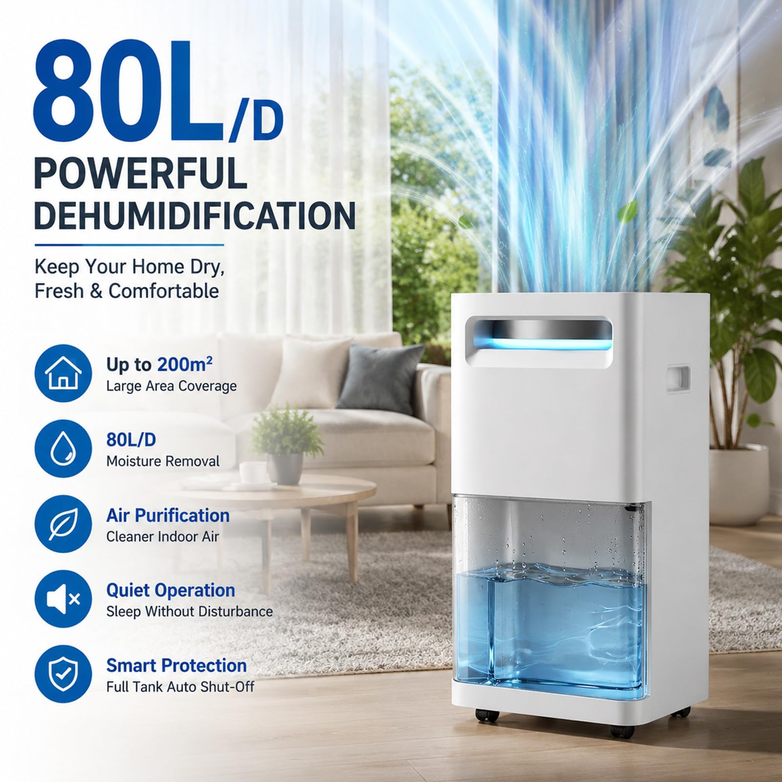 Osuszacz powietrza 80 l/dobę do domu, inteligentny tryb suszenia | Zasięg 200 m², ciągłe odprowadzanie wody, kółka, uchwyt i wyświetlacz wilgotności LED