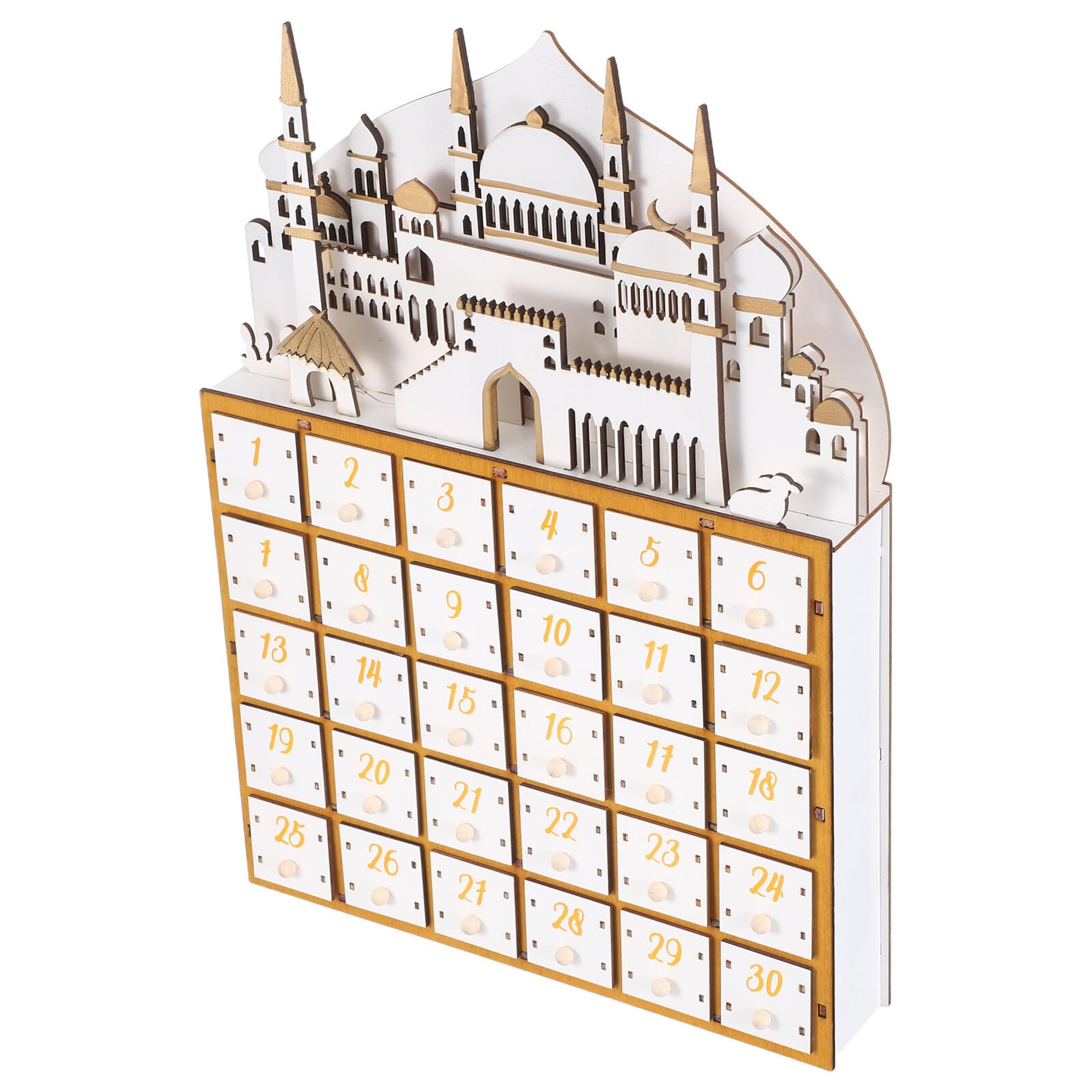 ULTECHNOVO Ramadan-adventskalender aus Holz mit Schubladen und Led-beleuchtung Countdown-kalender für Muslimische Feiertage Tischdeko mit Schubladen für Ramadan und Eid