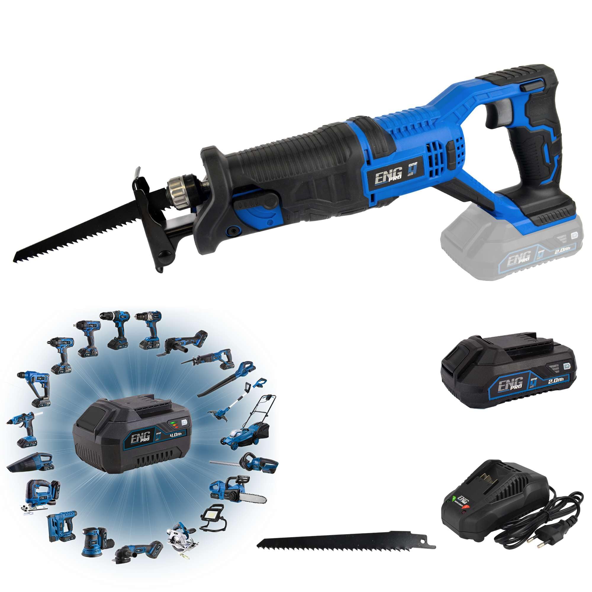 Sega A Gattuccio - Linea Professionale Monobatteria ONE4ALL 20V - Velocità 3000 rpm Capacità Taglio 115mm, Lama per legno + 1 Batteria 2.0Ah e Caricabatteria inclusi - ENG PRO