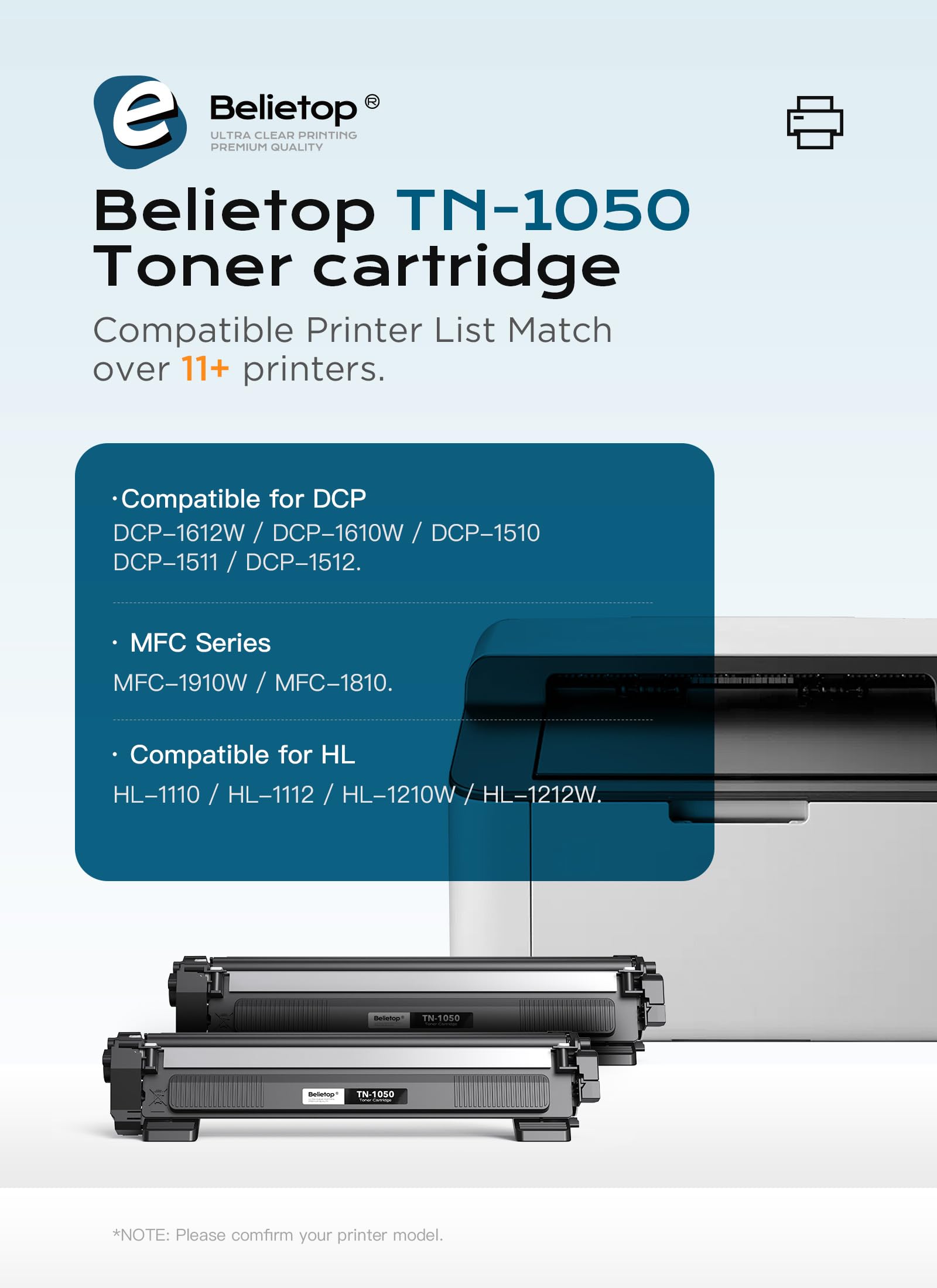 belietop TN-1050 Cartucce di Toner per Brother TN1050 per DCP-1612W HL-1110 HL-1210W HL-1212W DCP-1510 DCP-1512 DCP-1610 DCP-1610W MFC-1810 MFC-1910W (2 nero)