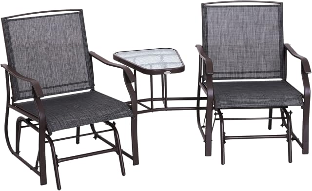 Outsunny Garden Double Glider Rocking Chairs Metal Gliding Love Seat with Middle Table Conversation Set Patio Backyard Relax Outdoor Furniture Grey