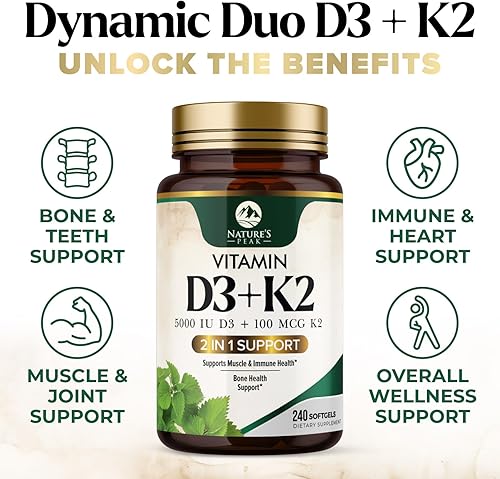 Miniatura 5 de Vitamina D3 K2 de 5000 UI - Suplemento de vitamina D3 de alta potencia - Complejo avanzado 2 en 1 con vitamina D y vitamina K2 (MK7) - Gel suave