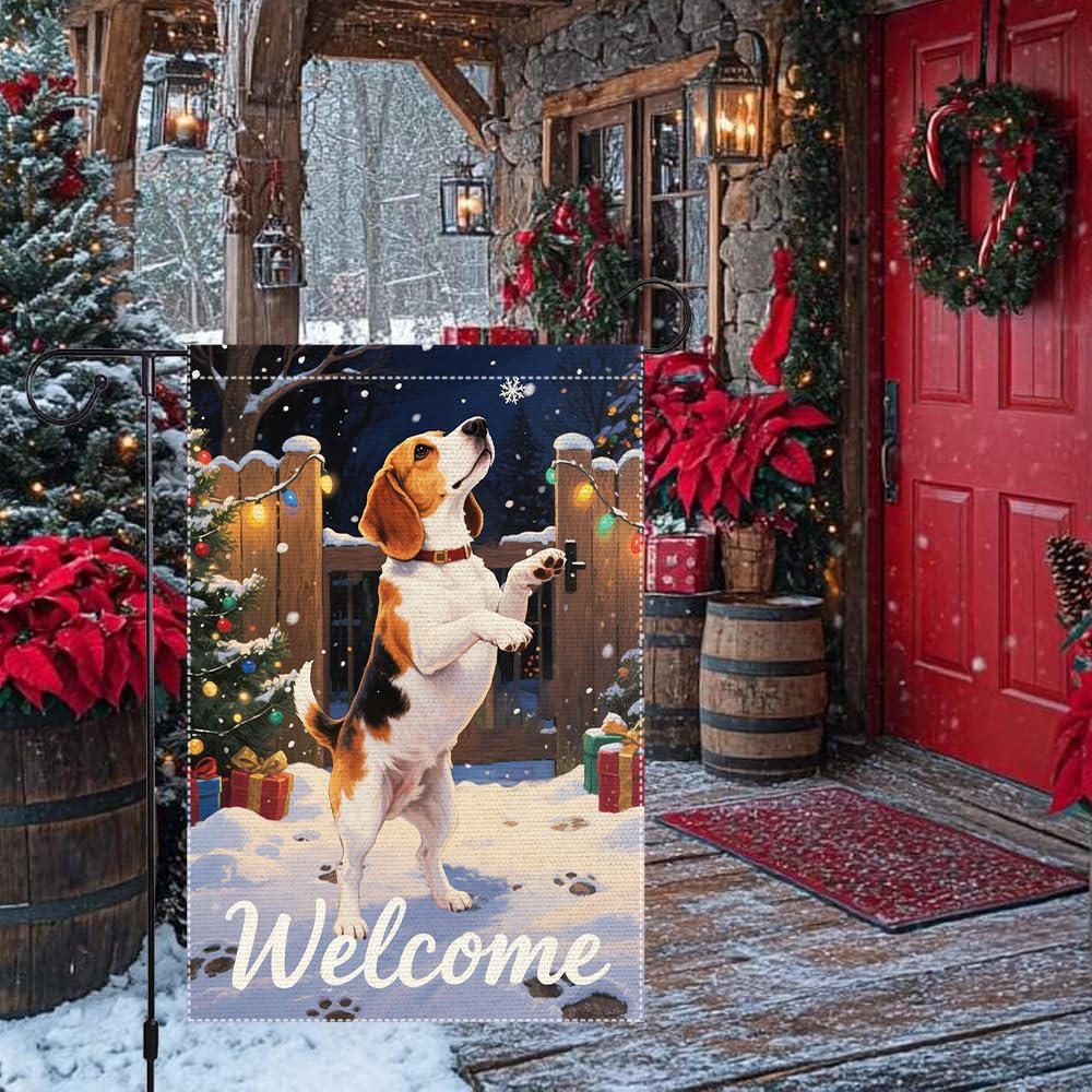 Beagle Dog Welcome Garden Flag 12x18 Inch Double Sided Christmas Burlap Yard Banner for Winter Holiday Outdoor Decor Farmhouse Seasonal Pet Decoration - Image 2