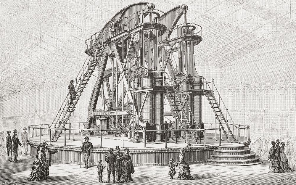 The rotative beam engine known as the Corliss Centennial Engine which supplied power to most of the exhibits at the Centennial Exposition in Philadelphia in 1876. After an illustration in Appletons' Cyclopaedia of Applied Mechanics published 1880. Poster Print by Ken Welsh (17 x 11)