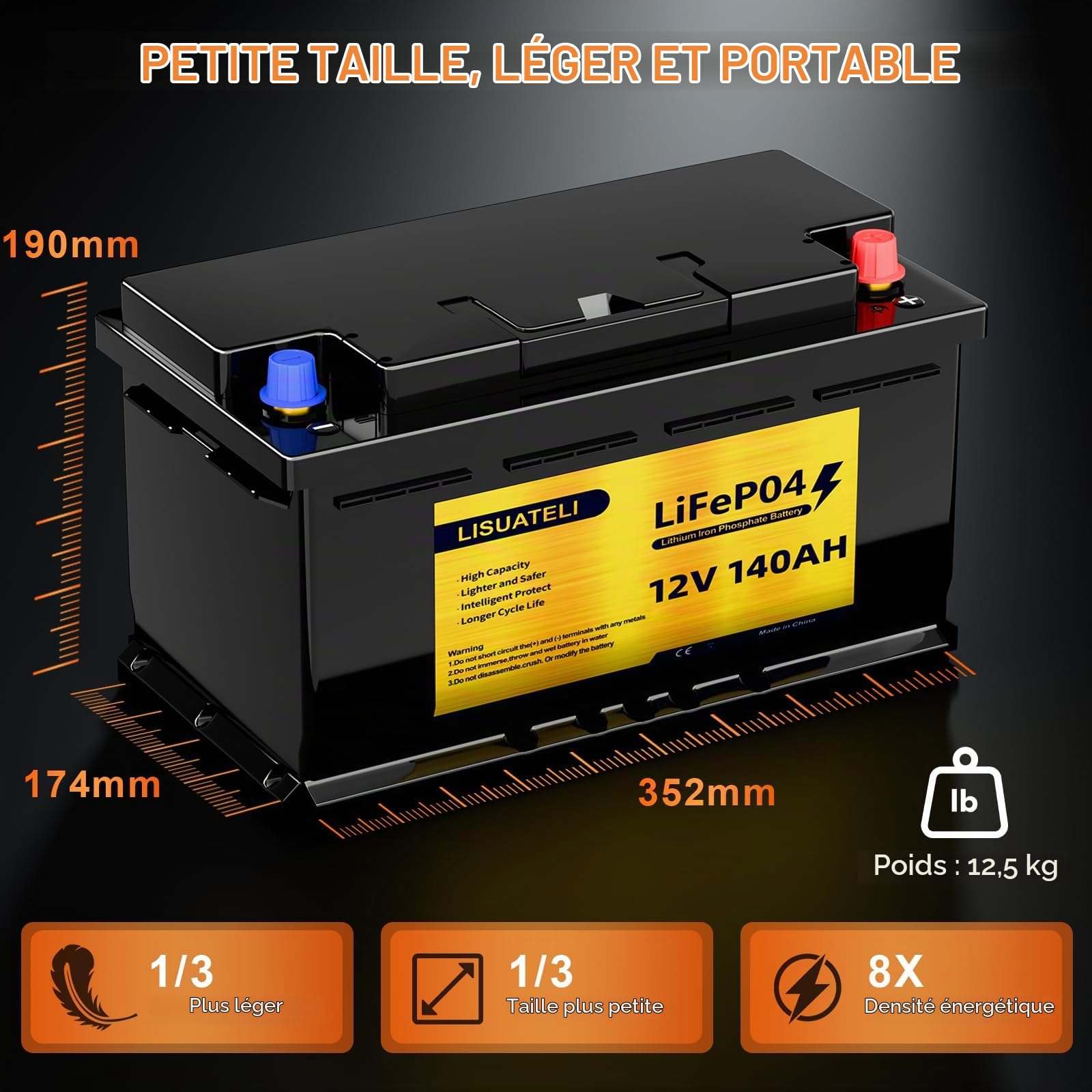 Batterie LiFePO4 12V 140Ah H190, Bluetooth 150A, BMS, protection contre les basses températures, batterie au lithium 8000 cycles, parfaite pour camping-cars, solaires, marines, caravanes, applications
