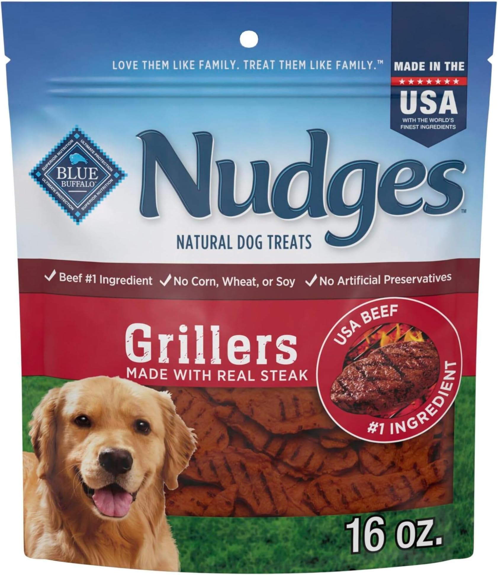 Nudges Grillers Natural Dog Treats, Steak, 16oz Bag