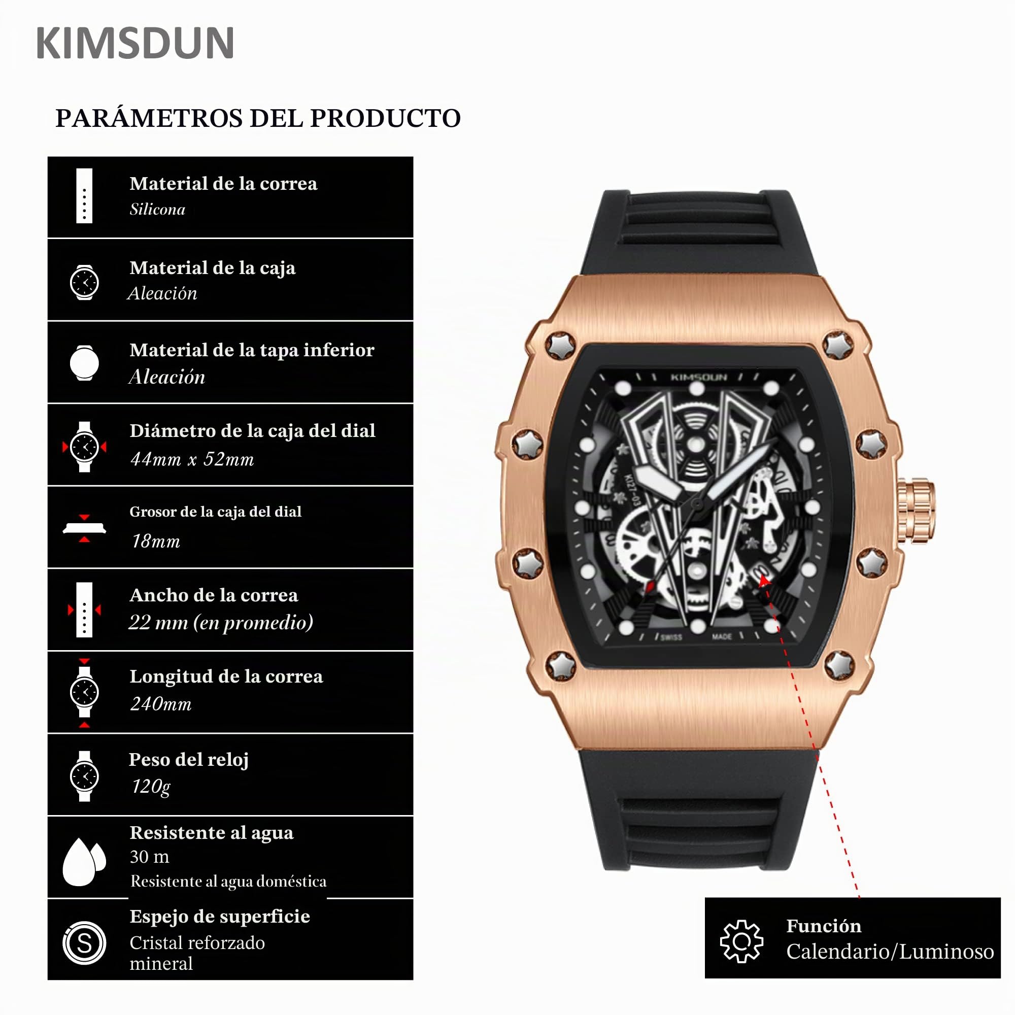 Elegante reloj deportivo, impermeable, analógico, de cuarzo, calendario, fecha, reloj de pulsera, reloj casual Tonneau, correa de silicona para hombre, unisex (negro-buey-negro),