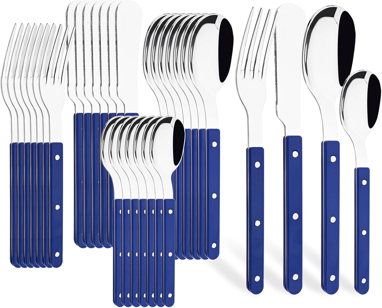 Color Handle Silverware Set, Stainless Steel Flatware Eating Utensils, Rivet ABS Handle Design, Includes Dinner Knives, Forks, Spoons and Teaspoons, 32 PCS Service for 8, Blue Handle