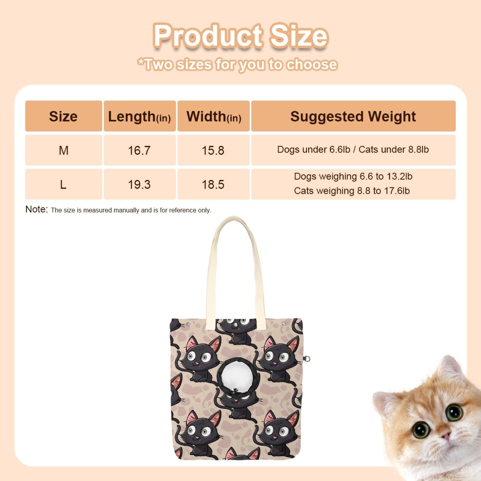 Pet Canvas Shoulder Bag Soft-Sided,Dog Purse Carrier for Small Dogs and Cats, Portable Pet Handbag with Adjustable Hole, Pet Washable Travel Tote Bag,Cute Black Cat 19.3''x16.5''