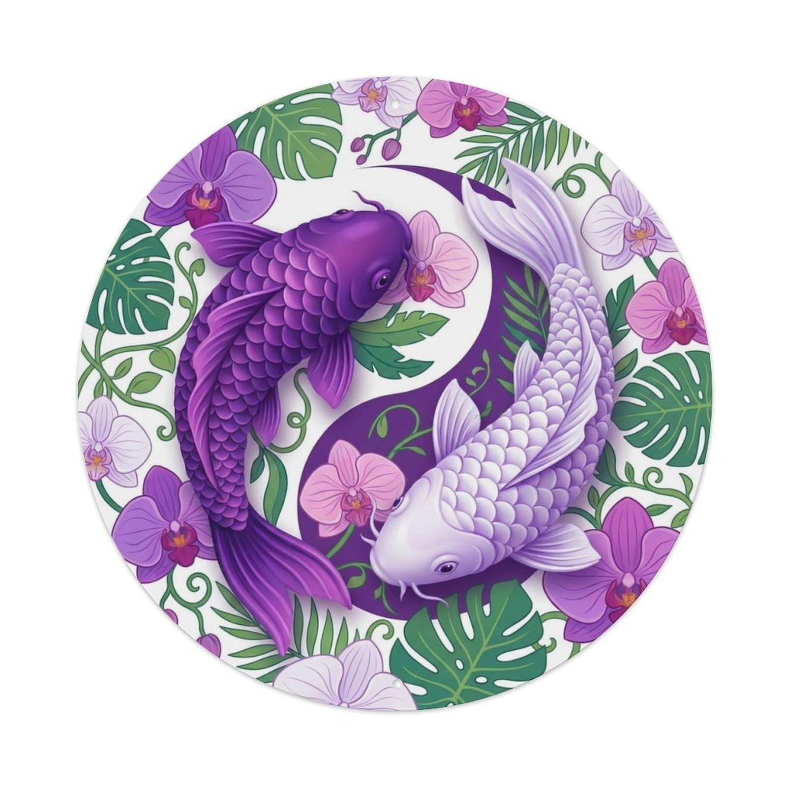 Japanese Koi Symbol Orchid Feng Shui Garden Metal Tin Sign Plaque Wall Decor for Cafe, Man Cave, Club Bar, Office, Home Garden Round Metal Poster 8x8Inch